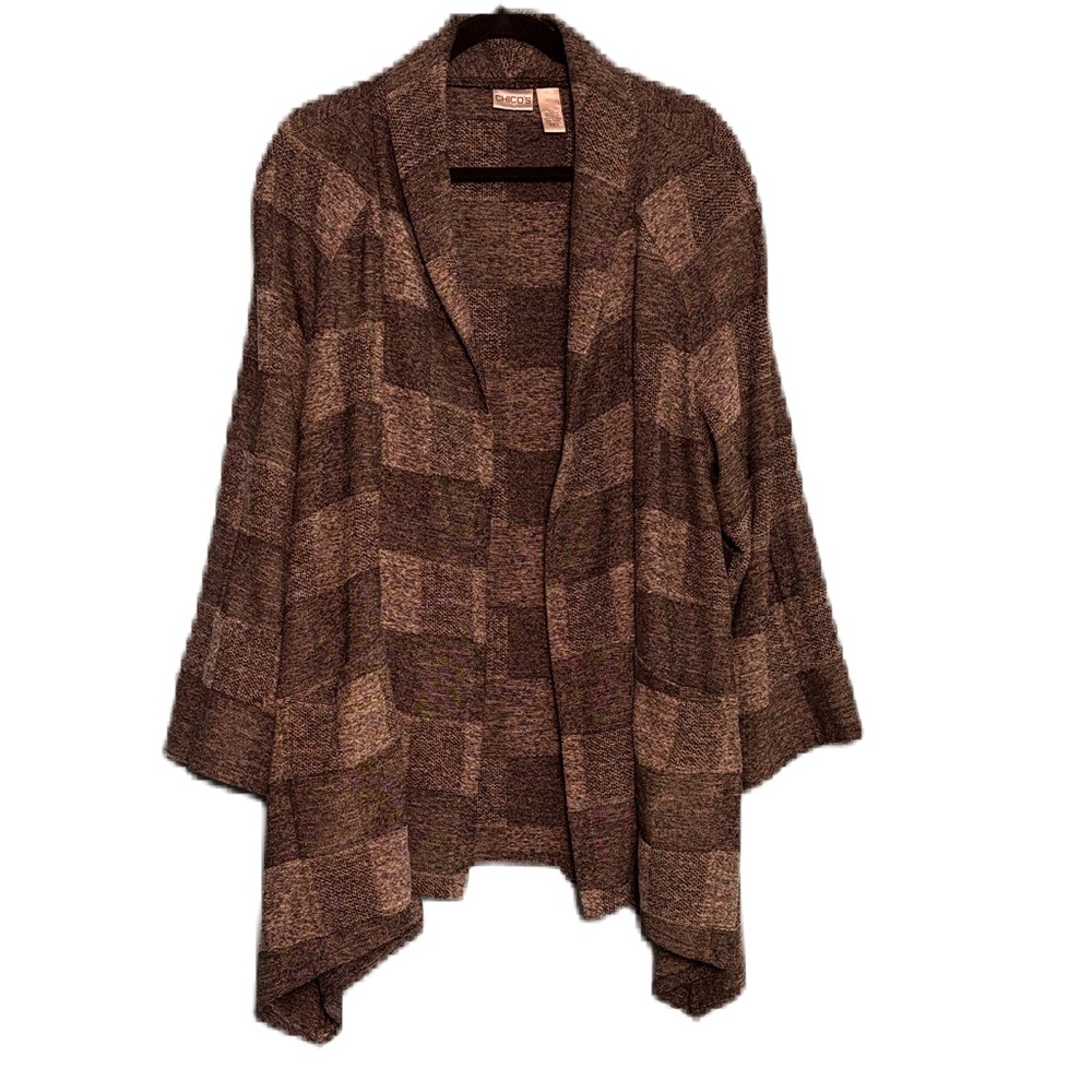 Chico's Grey Checkered Women's Open Front Cardigan Sweater Sizw 3 XL